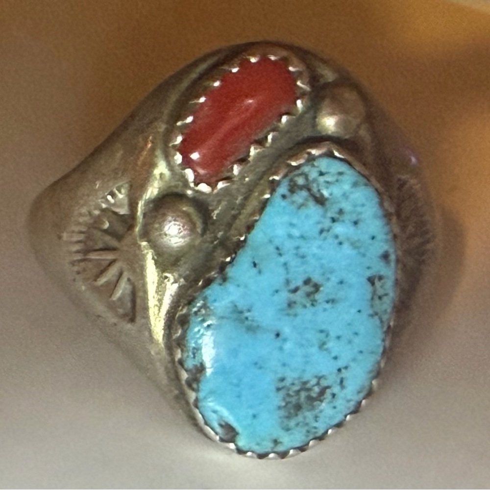 Vintage Navajo Sterling Silver Turquoise & Coral Ring – Heavy Handmade